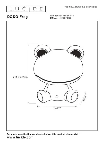 Lucide DODO FROG - Lampe de table Chambres d'enfant - LED 3 StepDim - 3x3W 4000K - Vert - technique